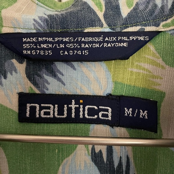 Vintage Nautica Shirt Mens Medium Green Blue Hawaiian Floral Aloha Linen Blend - Picture 3 of 9